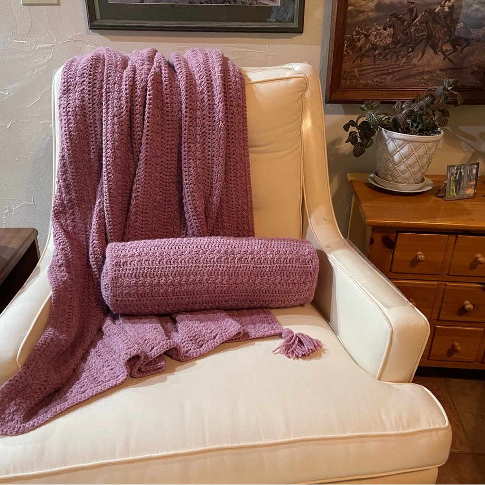 Handmade crochet throw and bolster pillow